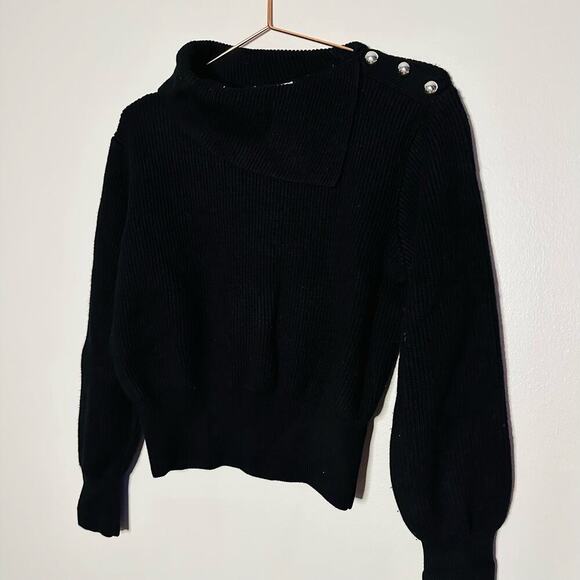 Milly Black Turtleneck Silver Button Accent Merino Wool Chunky Sweater Size L - Picture 1 of 10